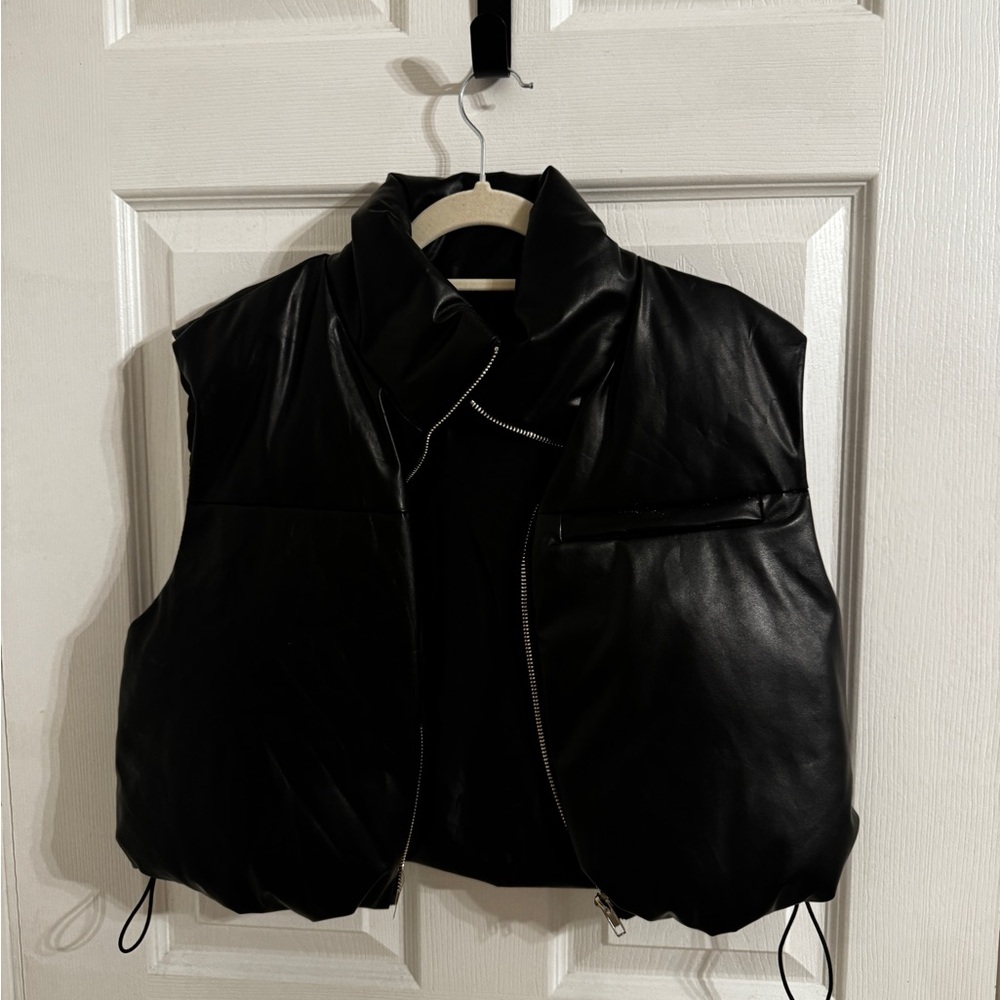 Black Leather-Look Puffer Vest